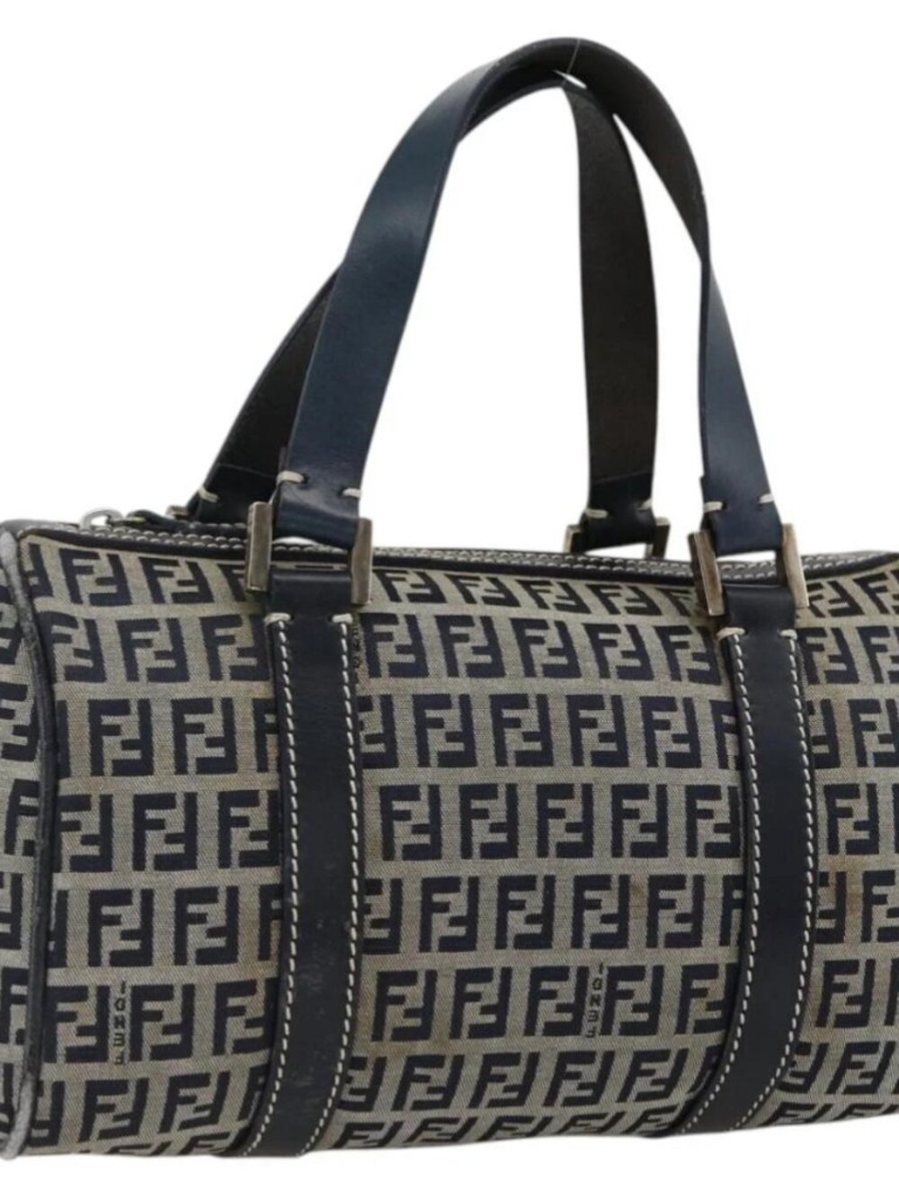 FENDI Zucchino Canvas Hand Bag Navy Silver Auth LNZ205 - Picture 1 of 16